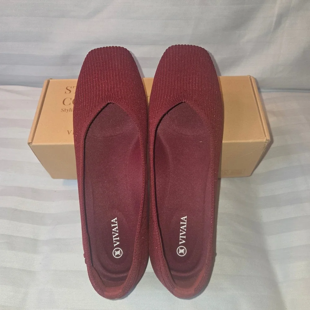 Vivaia Margot 2.0 Sparkle Burgundy Square Toe Knit Flats EU 39 Us 8
